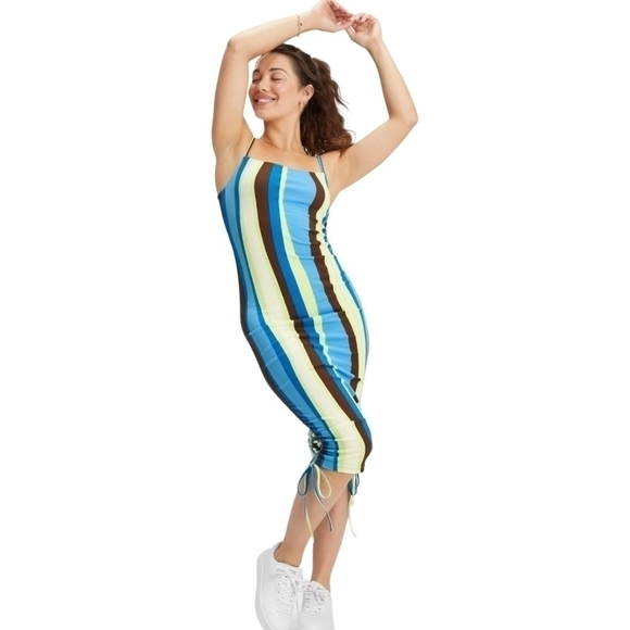 Fabletics Dresses & Skirts - FABLETICS Midi Spaghetti Strap Stretch Striped Blue Green Dress Size M